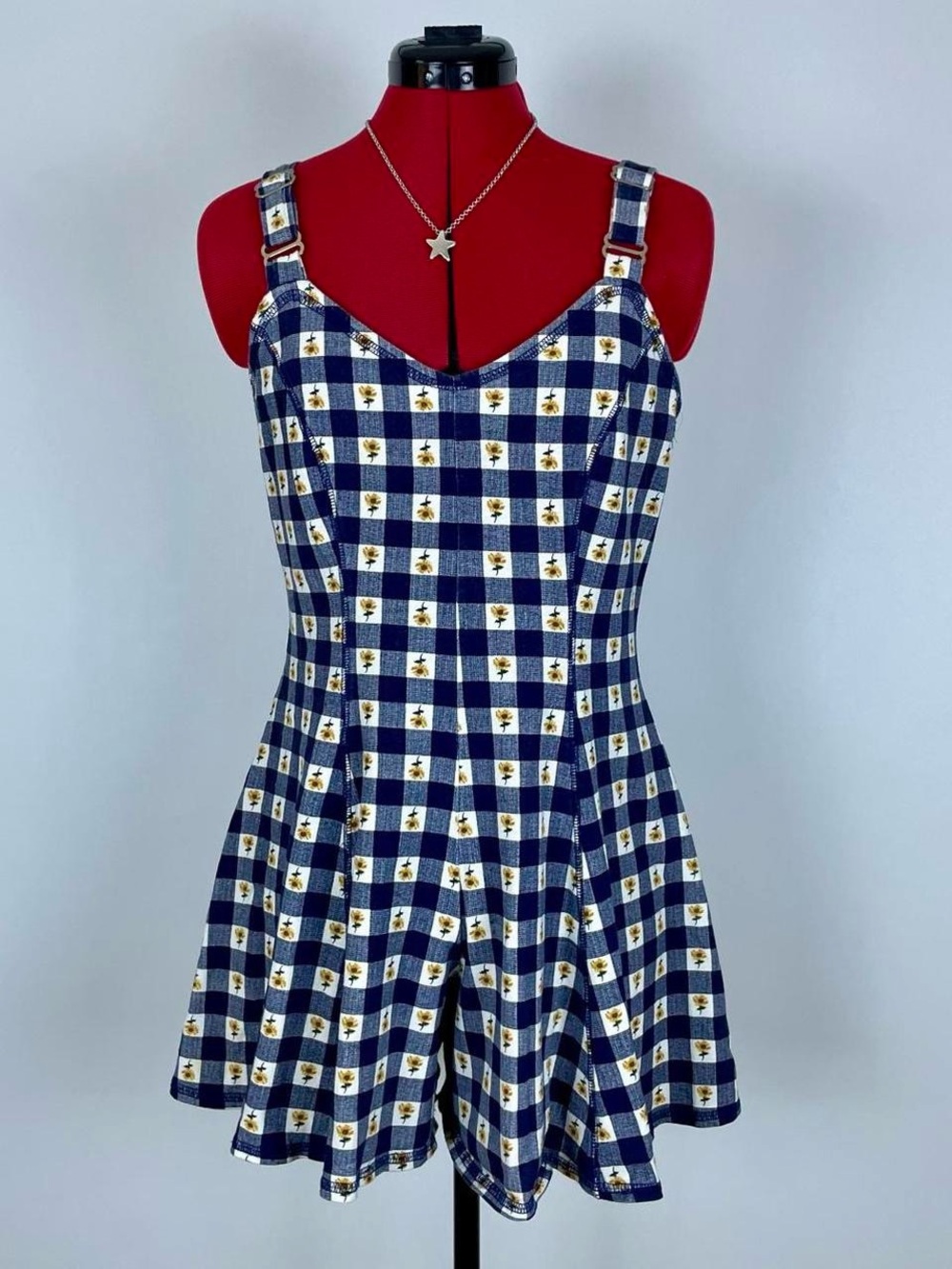 Vintage 90s Navy & White Gingham Floral Romper
